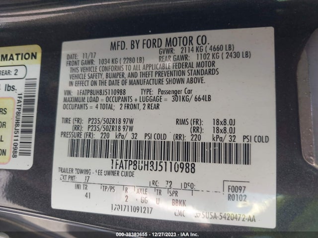 2018 FORD MUSTANG ECOBOOST PREMIUM VIN: 1FATP8UH8J5110988