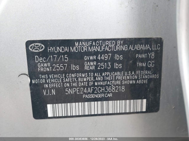 2016 HYUNDAI SONATA SE VIN: 5NPE24AF2GH368218