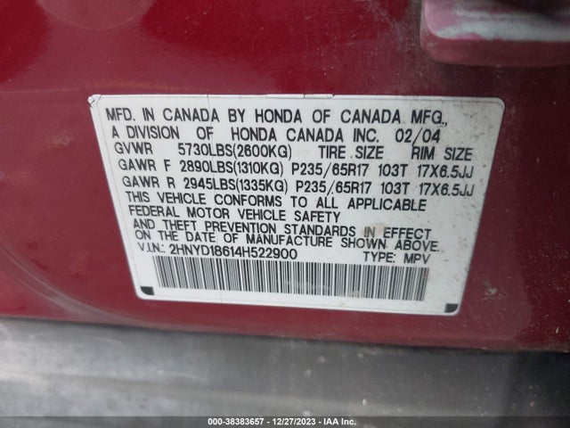 2004 ACURA MDX VIN: 2HNYD18614H522900