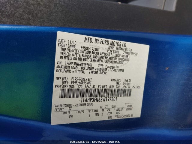 2011 FORD FOCUS SE VIN: 1FAHP3FN6BW197801
