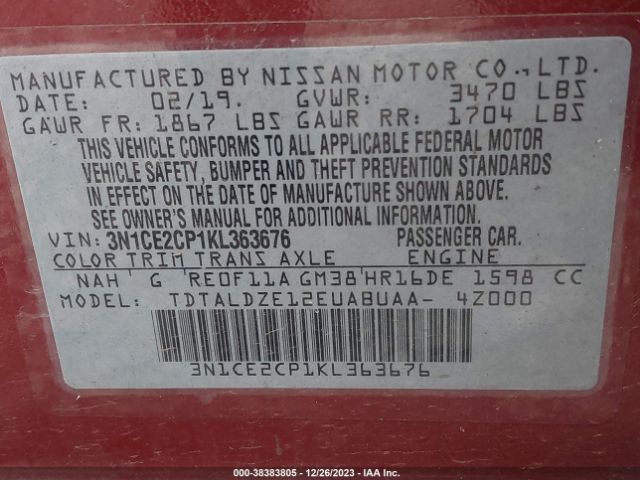 3N1CE2CP1KL363676 Nissan Versa Note Sv