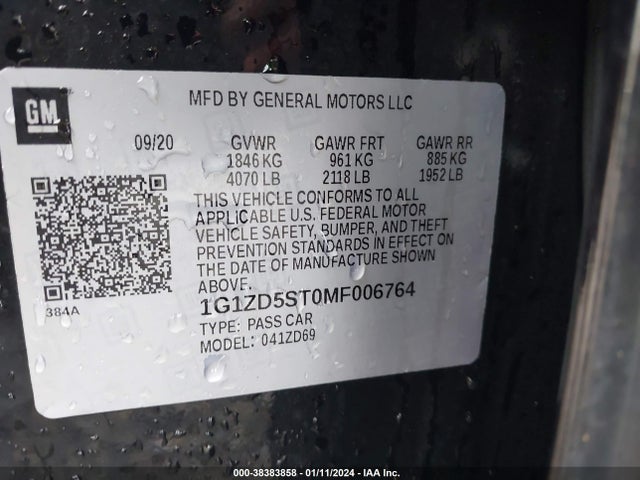2021 CHEVROLET MALIBU FWD LT VIN: 1G1ZD5ST0MF006764