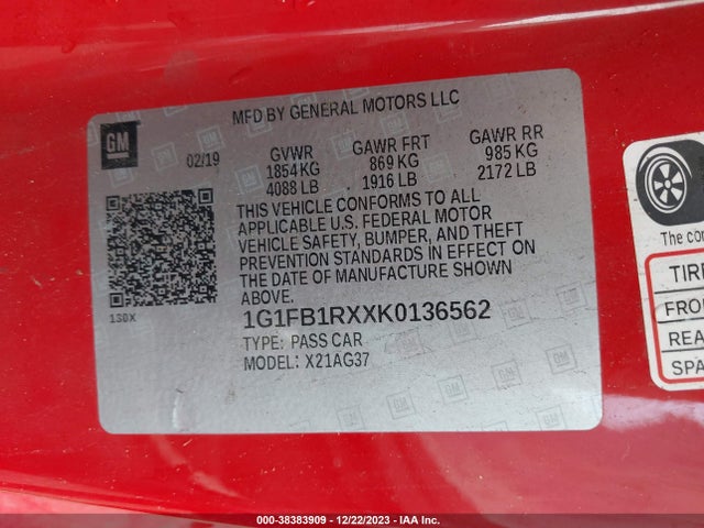 Chevrolet Camaro 1ls 2019 1G1FB1RXXK0136562 Image 9