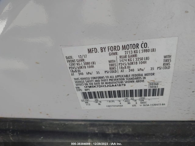 2018 FORD EXPLORER XLT VIN: 1FM5K7DH3JGA41879