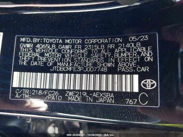 2023 TOYOTA COROLLA HYBRID SE INFRARED VIN: JTDBCMFE3PJ007748