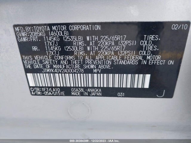 2010 TOYOTA RAV4 LIMITED V6 VIN: JTMYK4DV2AD004278