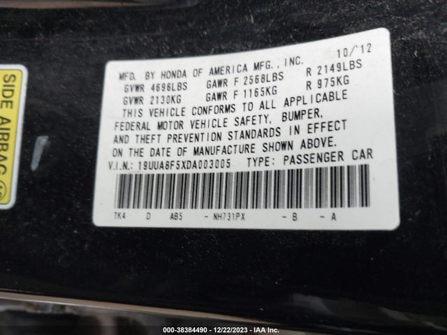 2013 ACURA TL 3.5 VIN: 19UUA8F5XDA003005