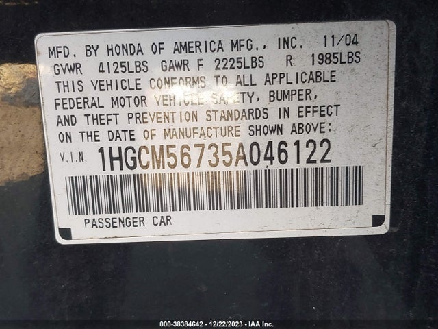 2005 HONDA ACCORD 2.4 EX VIN: 1HGCM56735A046122