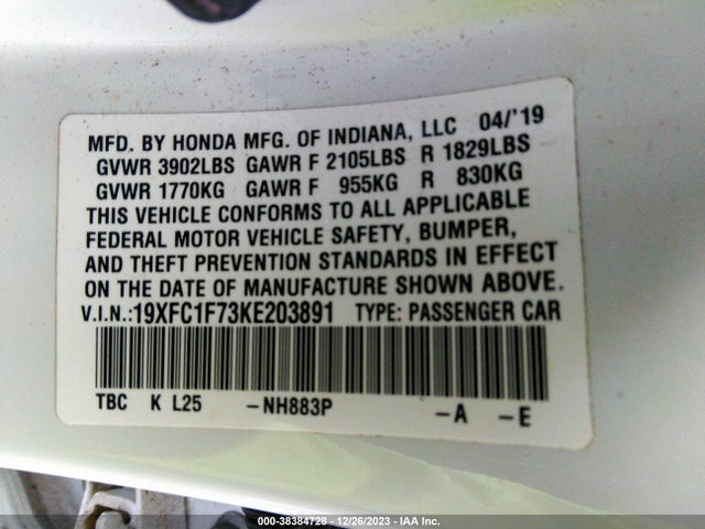 Honda Civic Ex-l 2019 19XFC1F73KE203891 Image 9