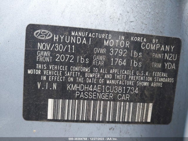 2012 HYUNDAI ELANTRA GLS (ULSAN PLANT) VIN: KMHDH4AE1CU381734