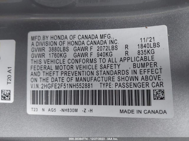 Honda Civic Sport 2022 2HGFE2F51NH552881 Image 9