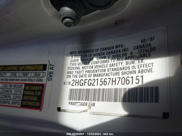 2007 HONDA CIVIC SI VIN: 2HGFG21567H706151