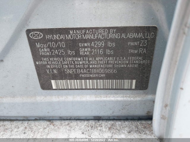 2011 HYUNDAI SONATA GLS VIN: 5NPEB4AC1BH069866