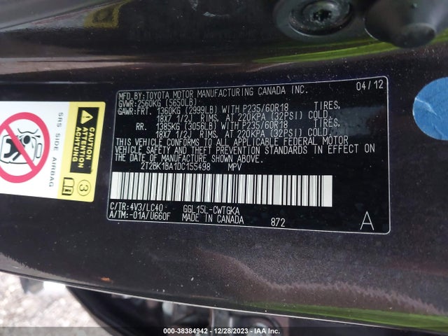2013 LEXUS RX 350 VIN: 2T2BK1BA1DC155498
