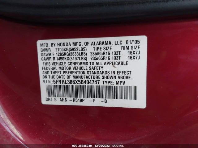 2005 HONDA ODYSSEY EX-L VIN: 5FNRL386X5B404747