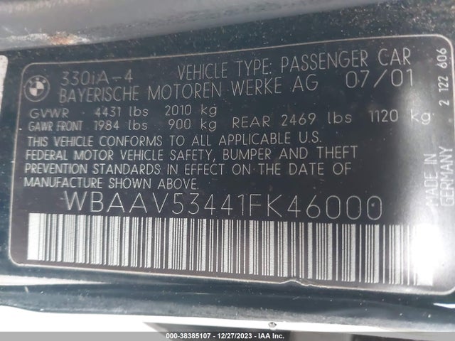 2001 BMW 3 SERIES 330I VIN: WBAAV53441FK46000