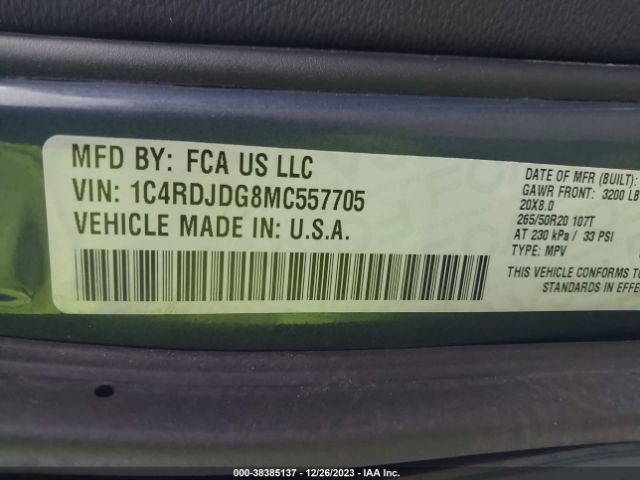 1C4RDJDG8MC557705 Dodge Durango Gt Plus Awd