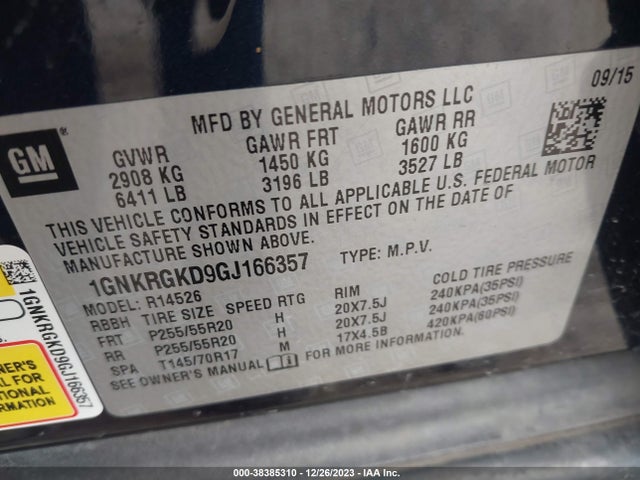 Chevrolet Traverse 1lt 2016 1GNKRGKD9GJ166357 Image 9
