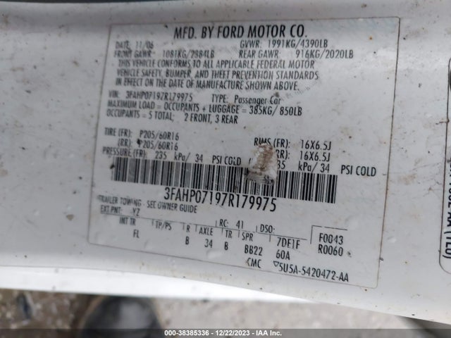 2007 FORD FUSION SE VIN: 3FAHP07197R179975