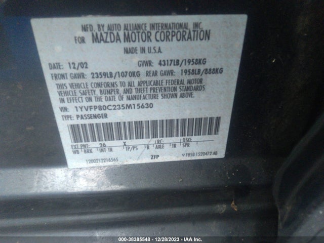 2003 MAZDA MAZDA6 I VIN: 1YVFP80C235M15630