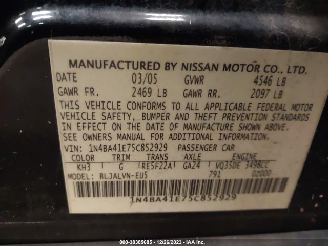 2005 NISSAN MAXIMA 3.5 SL VIN: 1N4BA41E75C852929
