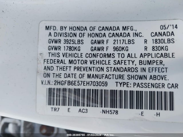 Honda CIVIC SI 2014 2HGFB6E57EH703059 Image 9