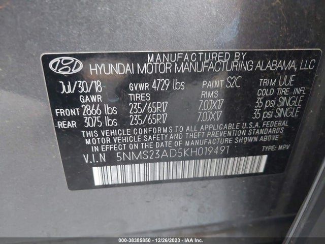 2019 HYUNDAI SANTA FE SE VIN: 5NMS23AD5KH019491