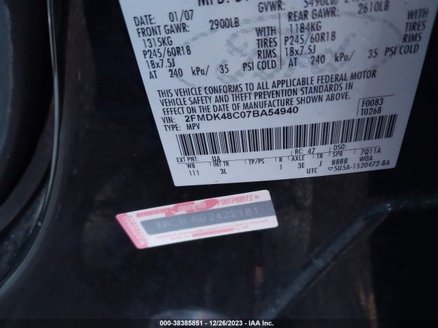 2007 FORD EDGE SEL VIN: 2FMDK48C07BA54940