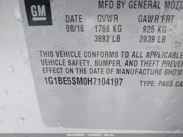 38386091 :رقم المزاد ، 1G1BE5SM0H7104197 vin ، 2017 Chevrolet Cruze Lt Auto مزاد بيع