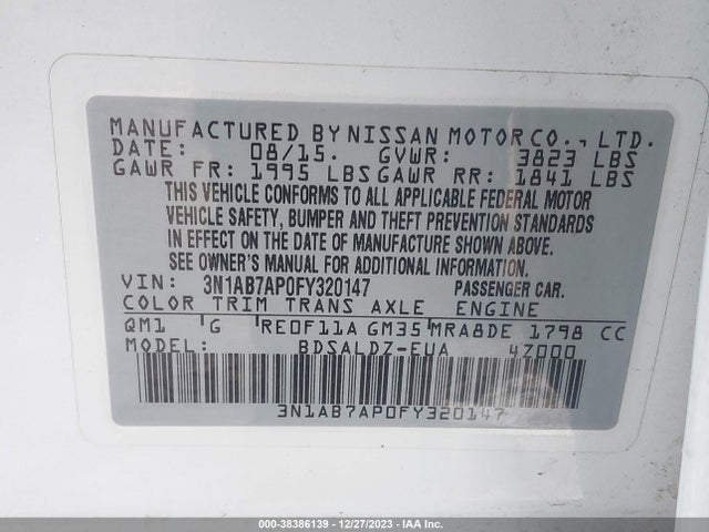 2015 NISSAN SENTRA SV VIN: 3N1AB7AP0FY320147