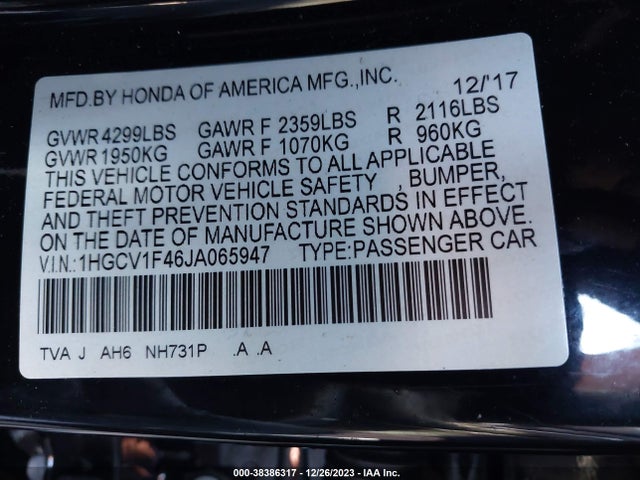 Honda ACCORD EX 2018 1HGCV1F46JA065947 Image 9