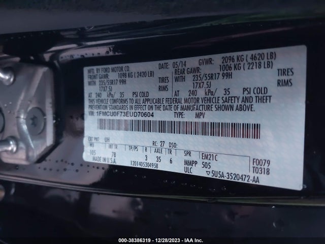 2014 Ford Escape S მანქანა იყიდება აუქციონზე, vin: 1FMCU0F73EUD70604, აუქციონის ნომერი: 38386319