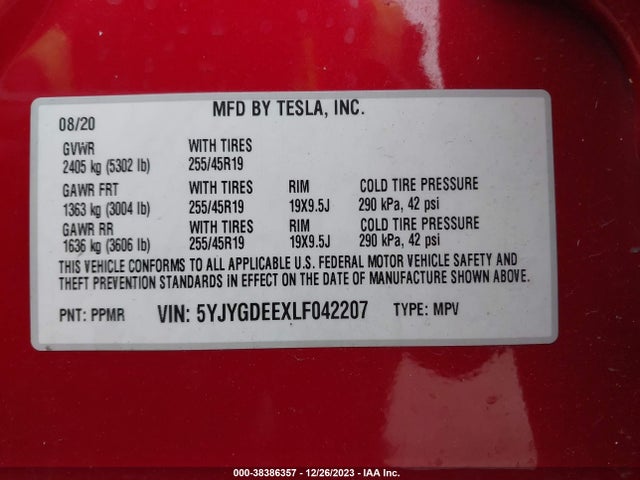 2020 TESLA MODEL Y 5YJYGDEEXLF042207 Photo 8