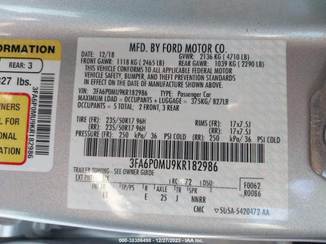 3FA6P0MU9KR182986 Ford Fusion Hybrid Sel