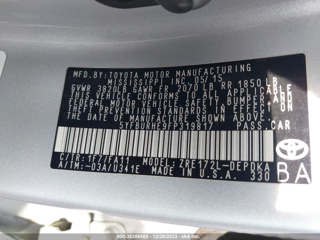 Toyota COROLLA L 2015 5YFBURHE9FP319817 Image 9