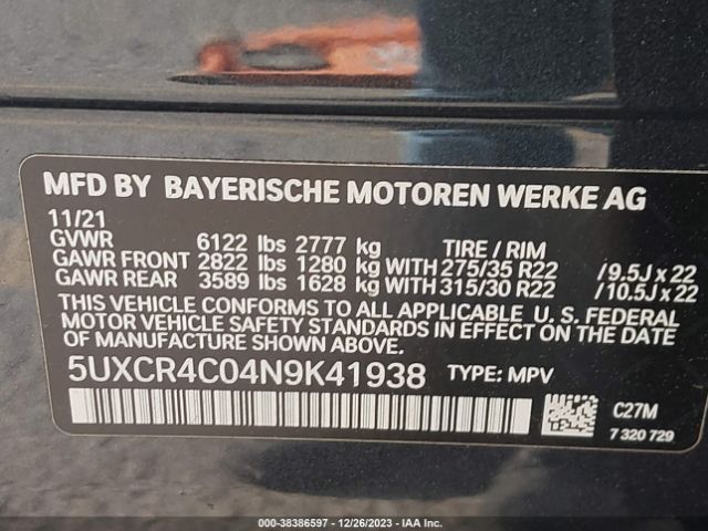 5UXCR4C04N9K41938 BMW X5 Sdrive40i