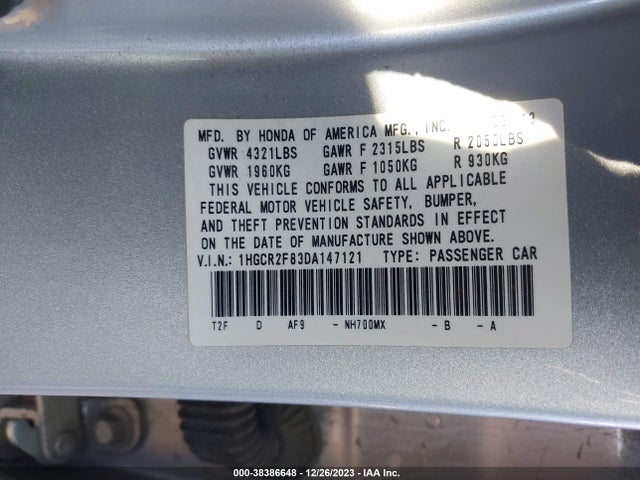 2013 HONDA ACCORD EX-L VIN: 1HGCR2F83DA147121