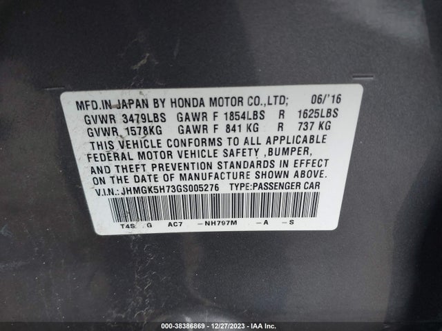 Honda FIT EX 2016 JHMGK5H73GS005276 Image 9