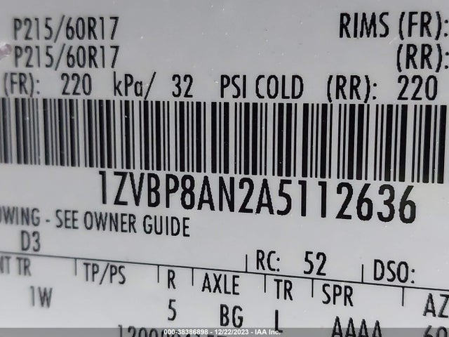 38386898 :رقم المزاد ، 1ZVBP8AN2A5112636 vin ، 2010 Ford Mustang V6/v6 Premium مزاد بيع