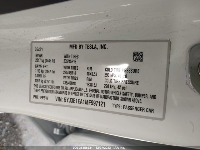 5YJ3E1EA1MF997121 Tesla Model 3 Standard Range Plus Rear-wheel Drive