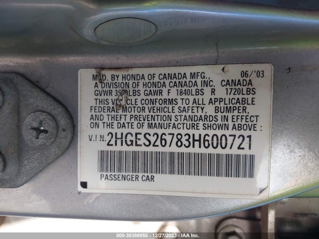 2003 HONDA CIVIC EX VIN: 2HGES26783H600721