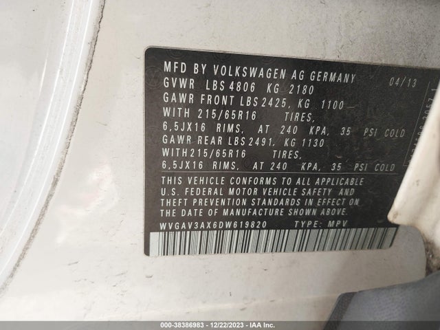2013 VOLKSWAGEN TIGUAN S VIN: WVGAV3AX6DW619820