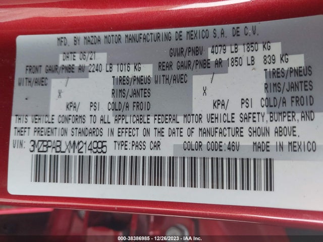 3MZBPABLXMM214995 Mazda Mazda3 Select