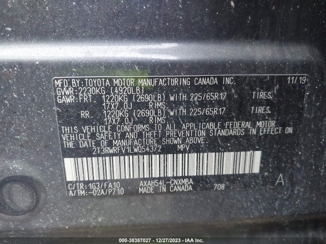 2020 TOYOTA RAV4 XLE HYBRID VIN: 2T3RWRFV1LW054372