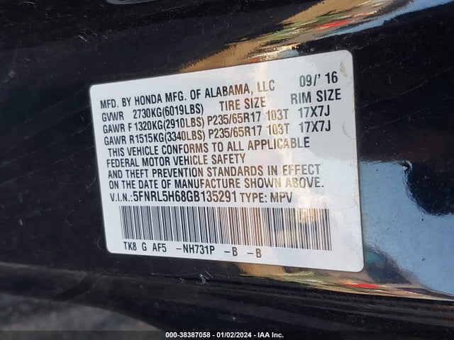 Honda Odyssey Ex-l 2016 5FNRL5H68GB135291 Image 9