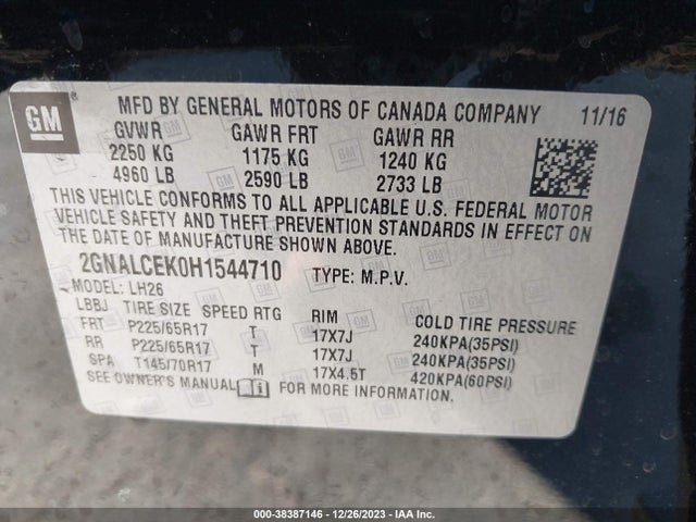 Chevrolet EQUINOX LT 2017 2GNALCEK0H1544710 Image 9