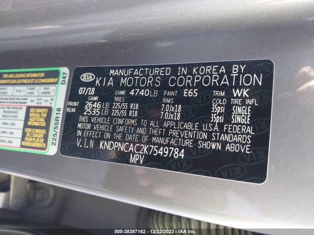 2019 KIA SPORTAGE EX VIN: KNDPNCAC2K7549784