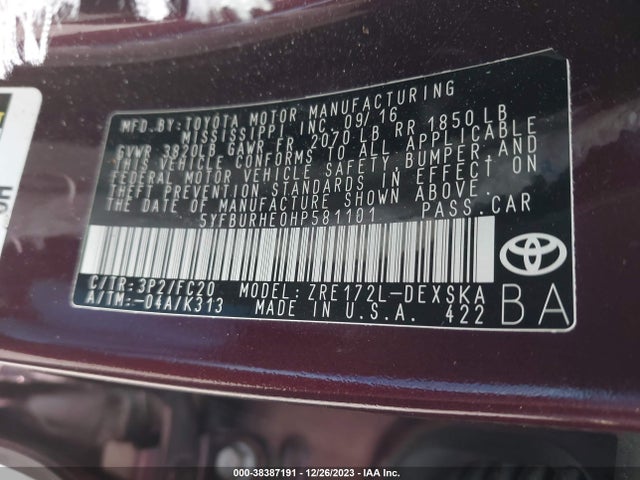 Toyota Corolla Se Special Edition 2017 5YFBURHE0HP581101 Image 9