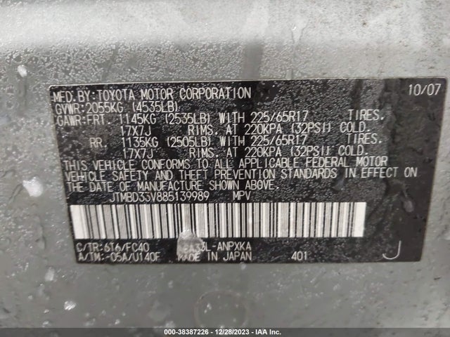 2008 TOYOTA RAV4 VIN: JTMBD33V885139989