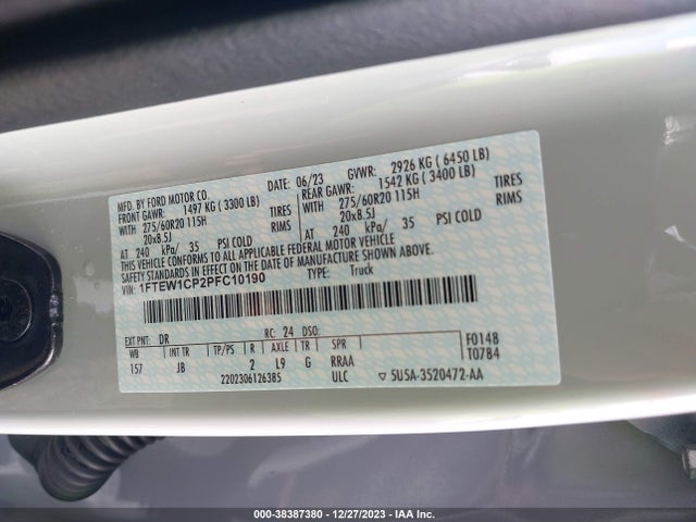 2023 FORD F-150 XL VIN: 1FTEW1CP2PFC10190